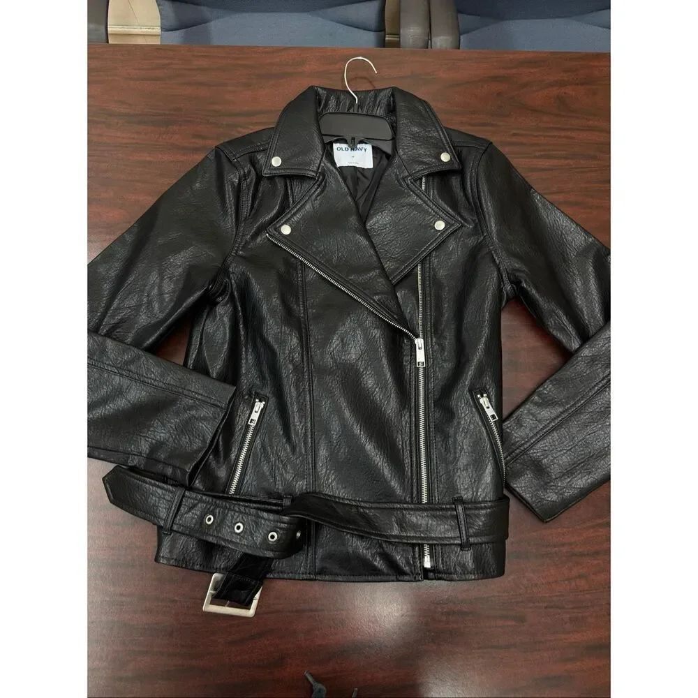 Old Navy Black Faux Leather Zip Up Biker Jacket Size Medium